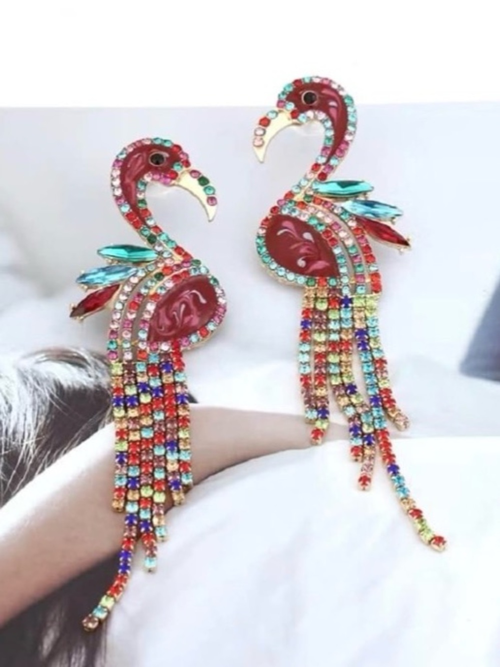 New Natasha Colorful Flamingo Drop Earrings - Red Multi-Color Crystal Fringe - Picture 9 of 14